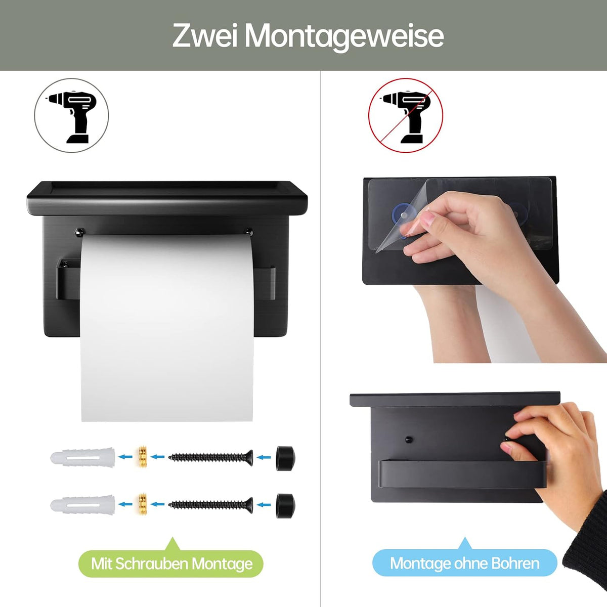 Toilettenpapierhalter Ohne Bohren Aluminium Klopapierhalter Mit 17 Cm Ablage, Selbstklebende WC Papier Halterung Mit 2 Klebehaken Wandmontage Klorollenhalter Für Küche Und Badzimmer Schwarz