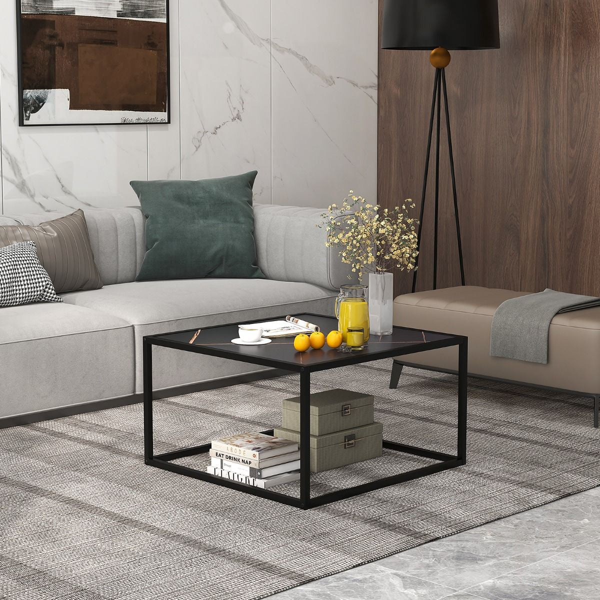 Couchtisch Marmor Optik Rechteckiger Kaffeetisch Mit Tischplatte Aus Kunstmarmor 70 X 70 X 40 Cm Schwarz