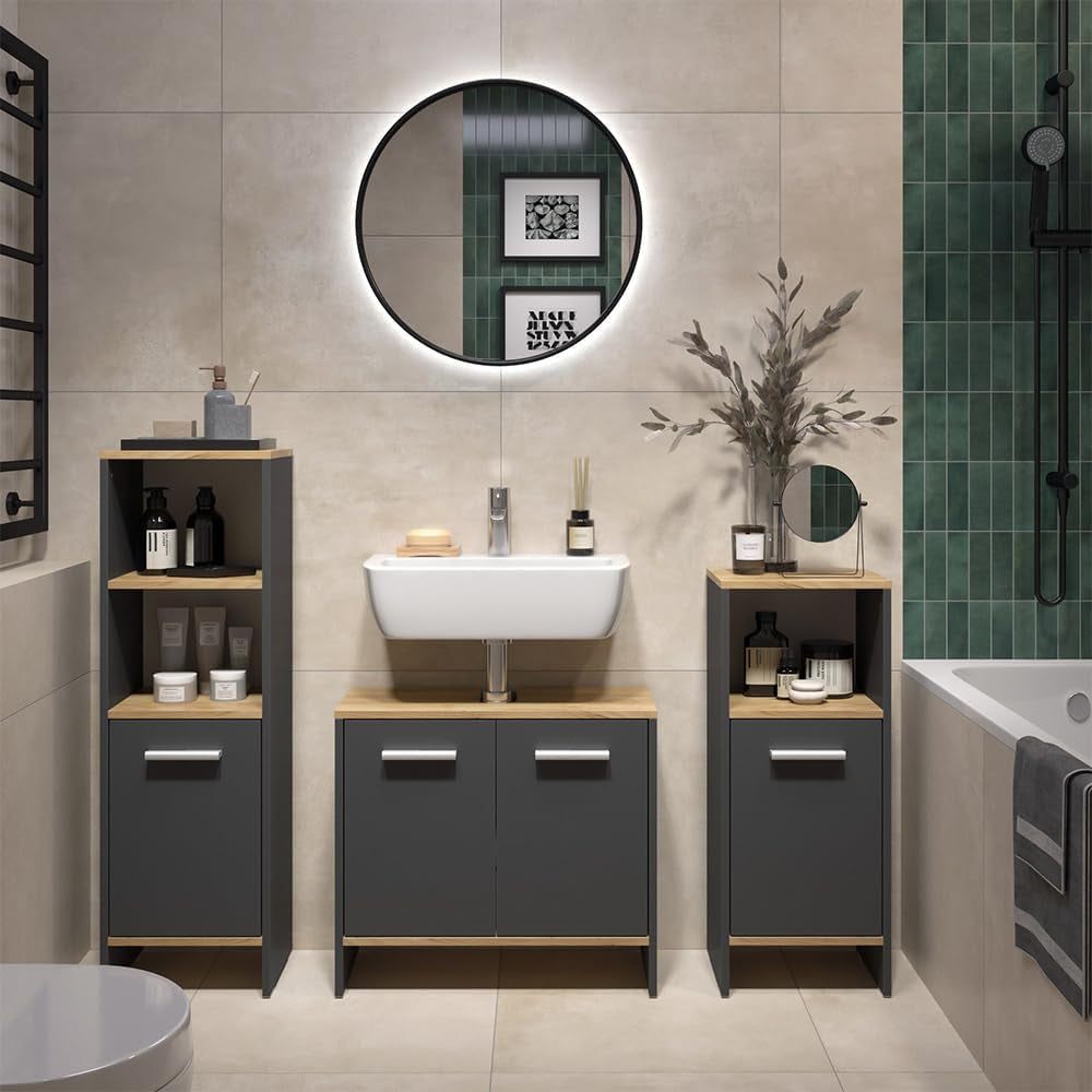 Vicco Badmöbel-Set Karli, Anthrazit/Goldkraft Eiche, 131.4 Cm, Besteht Aus Waschbeckenunterschrank, Spiegelschrank Und Hochschrank