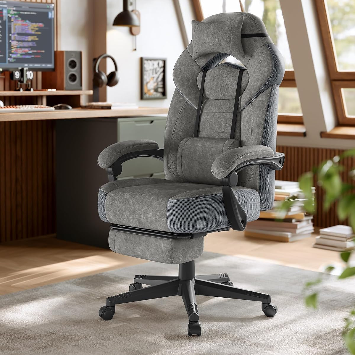 SONGMICS Gaming-Stuhl, Ergonomisches Design, Mit Fußstütze | Bürostuhl, Computerstuhl, Verstellbares Kopfkissen, Lendenkissen, Tragkraft 150 Kg, OBG077G01