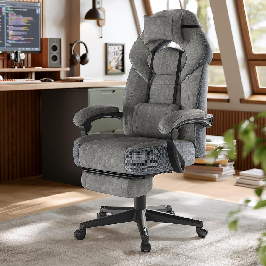 SONGMICS Gaming-Stuhl, Ergonomisches Design, Mit Fußstütze | Bürostuhl, Computerstuhl, Verstellbares Kopfkissen, Lendenkissen, Tragkraft 150 Kg, OBG077G01