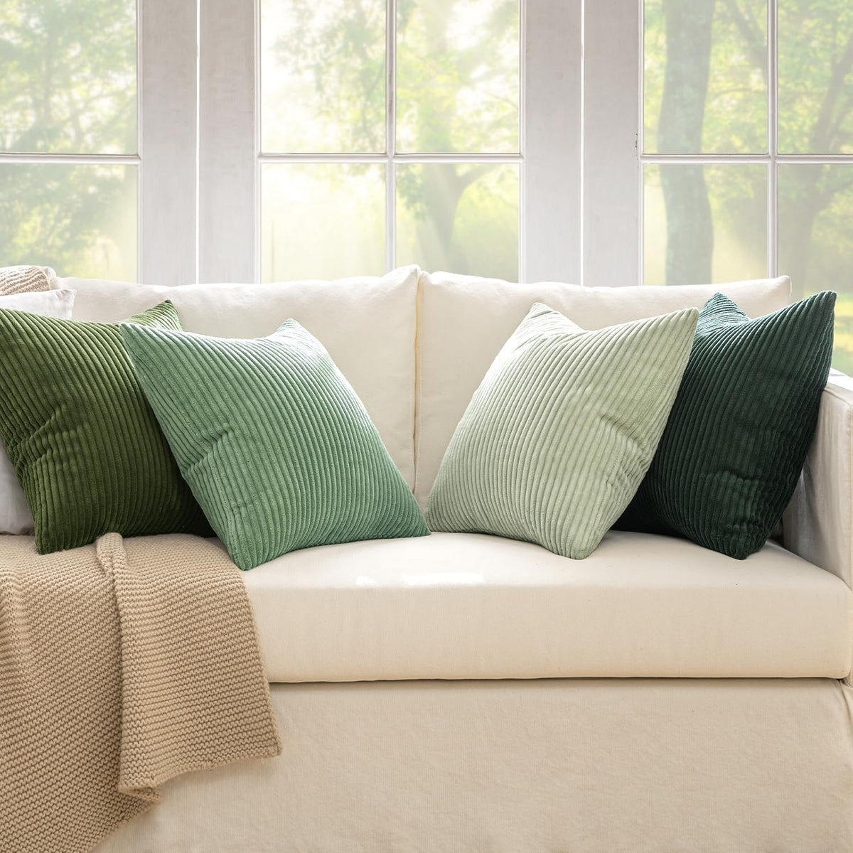 MIULEE Kissenbezug 40X40 4Er Set Kordsamt Weiche Kissenhülle Dekorative Sofakissen Quadratische Dekokissen Zierkissenbezug Gestreifte Kissenbezüge Für Wohnzimmer Forest Green Series