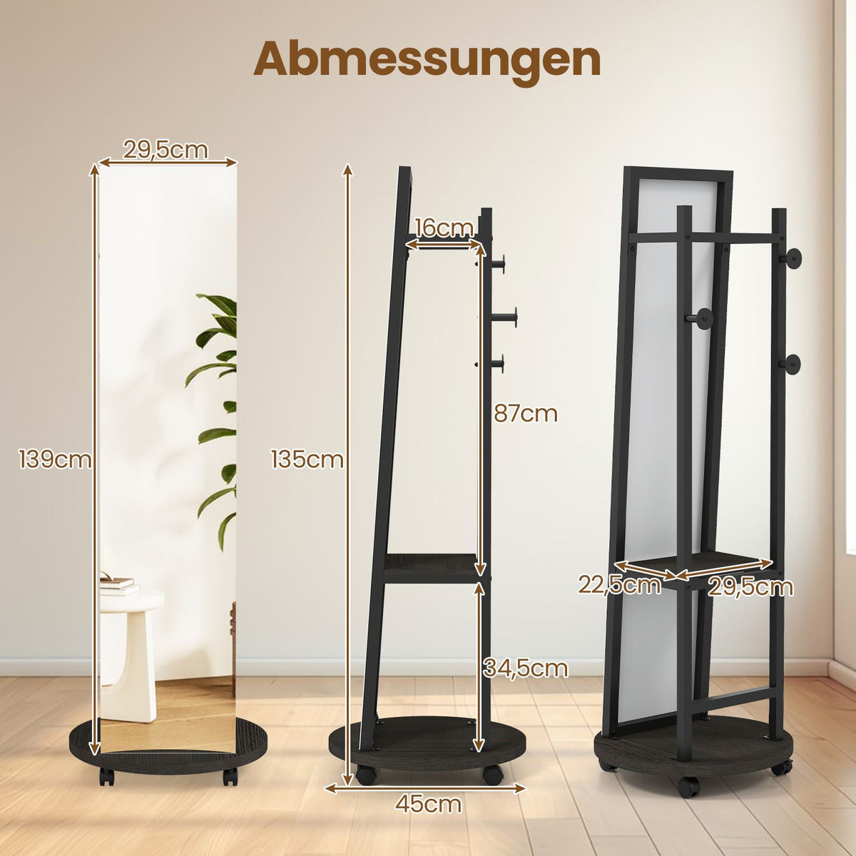 2 in 1 Ganzkörperspiegel Mit 3 Haken & Ablagefächern & Universalrädern Schwarz