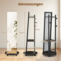 2 in 1 Ganzkörperspiegel Mit 3 Haken & Ablagefächern & Universalrädern Schwarz