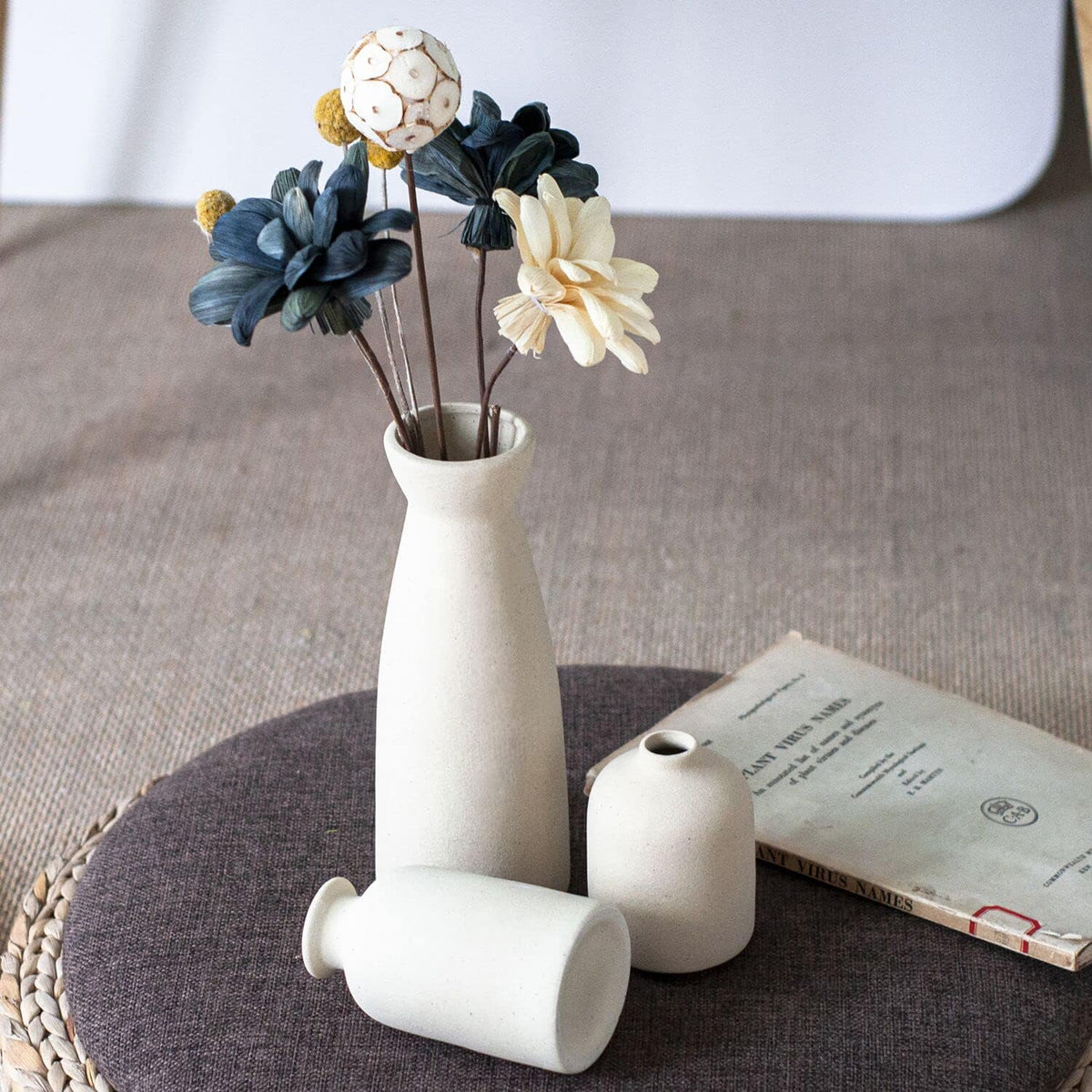 CEMABT Keramik Vasen 3Er-Set Kleine Blumenvasen Für Dekor, Moderne Rustikale Bauernhaus Home Decor, Dekorative Für Pampas Grass&Getrocknete Blumen, Idee Regal,Tisch, Bücherregal,Mantel (Natur)