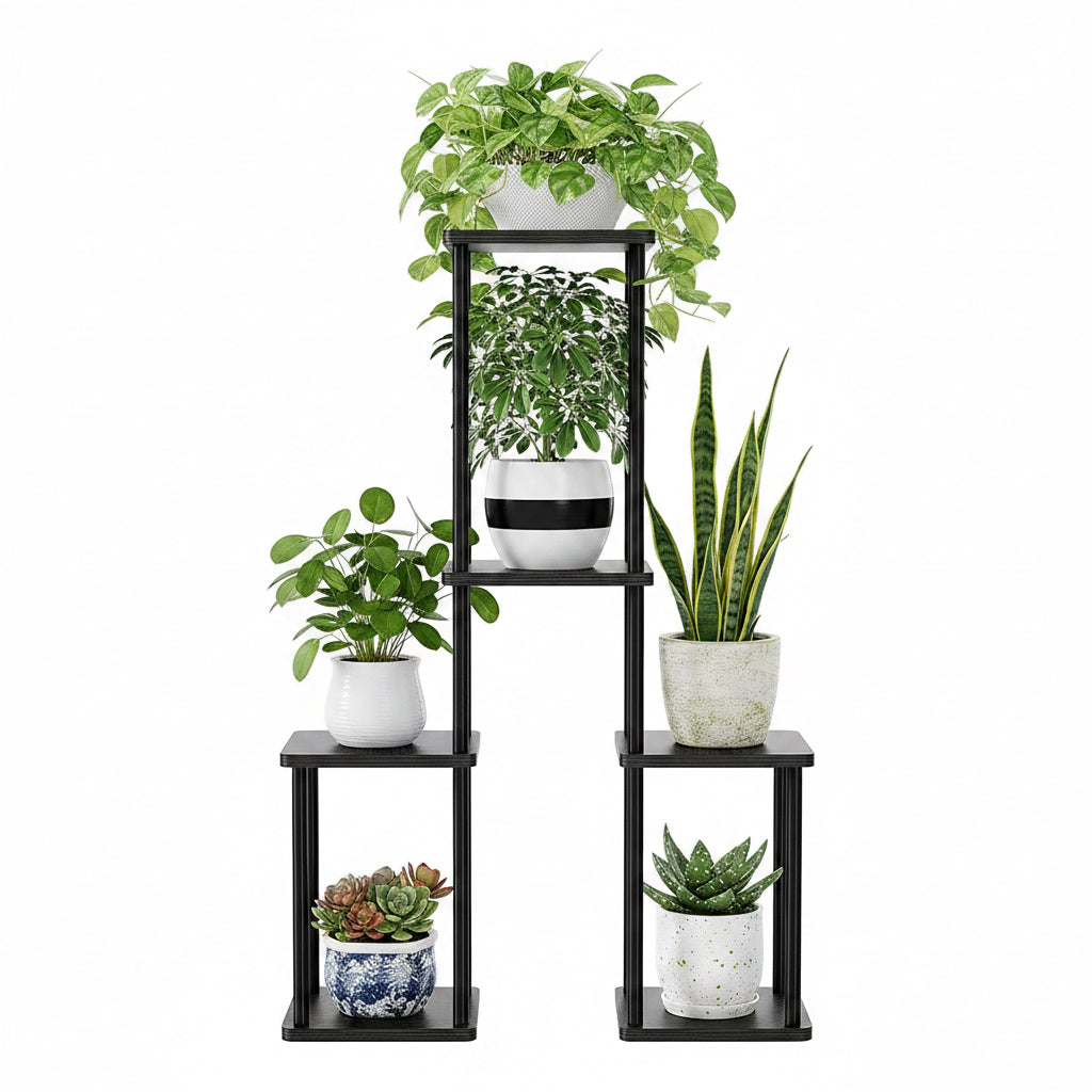Bamworld Blumenständer Schwarz Hoch – Pflanzenständer Aus Metall Mit 6 Ebenen – Platzsparendes Pflanzenregal Für Wohnzimmer, Balkon Und Ecke – Blumenhocker & Deko Regal Für Innenbereich