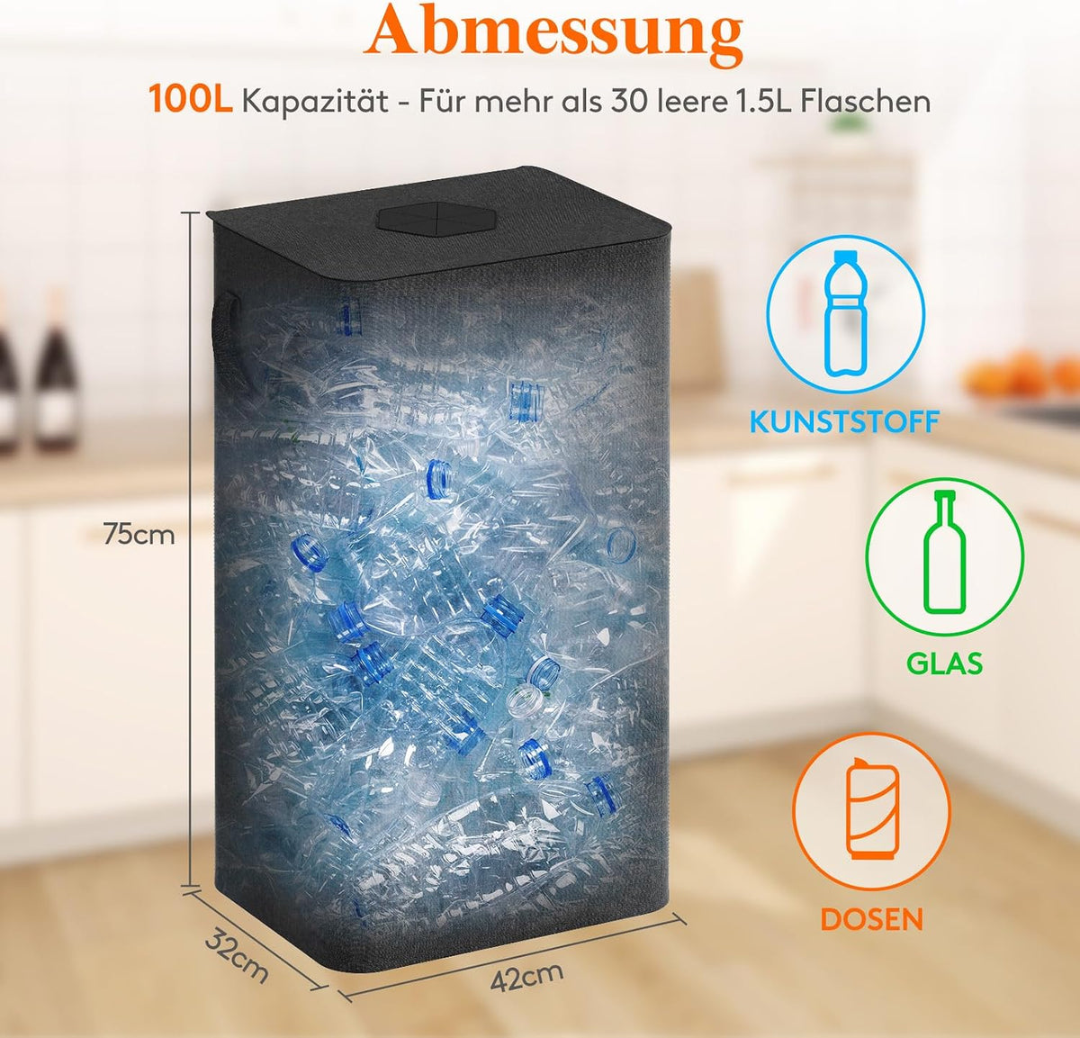 Lifewit 100L Pfandflaschen Sammelbehälter Mit Deckel, Groß Pfandflaschen Aufbewahrung, Behälter Leergut & Altglas Aufbewahrung, Flaschensammler Mit Loch Küche Abstellraum Flaschentasche, Dunkelgrau