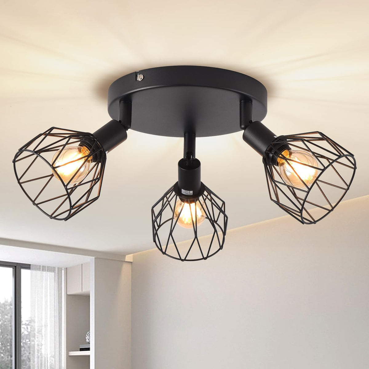 ANWIO Deckenstrahler 3 Flammig Schwarz, Vintage Deckenlampe E14 Drehbar,Deckenstrahler 3 Spots, Deckenlampe LED, Lampe Wohnzimmer, Küchenlampe Decke (Ohne Glühbirnen) EUC-EA190813-14-03RB-1U