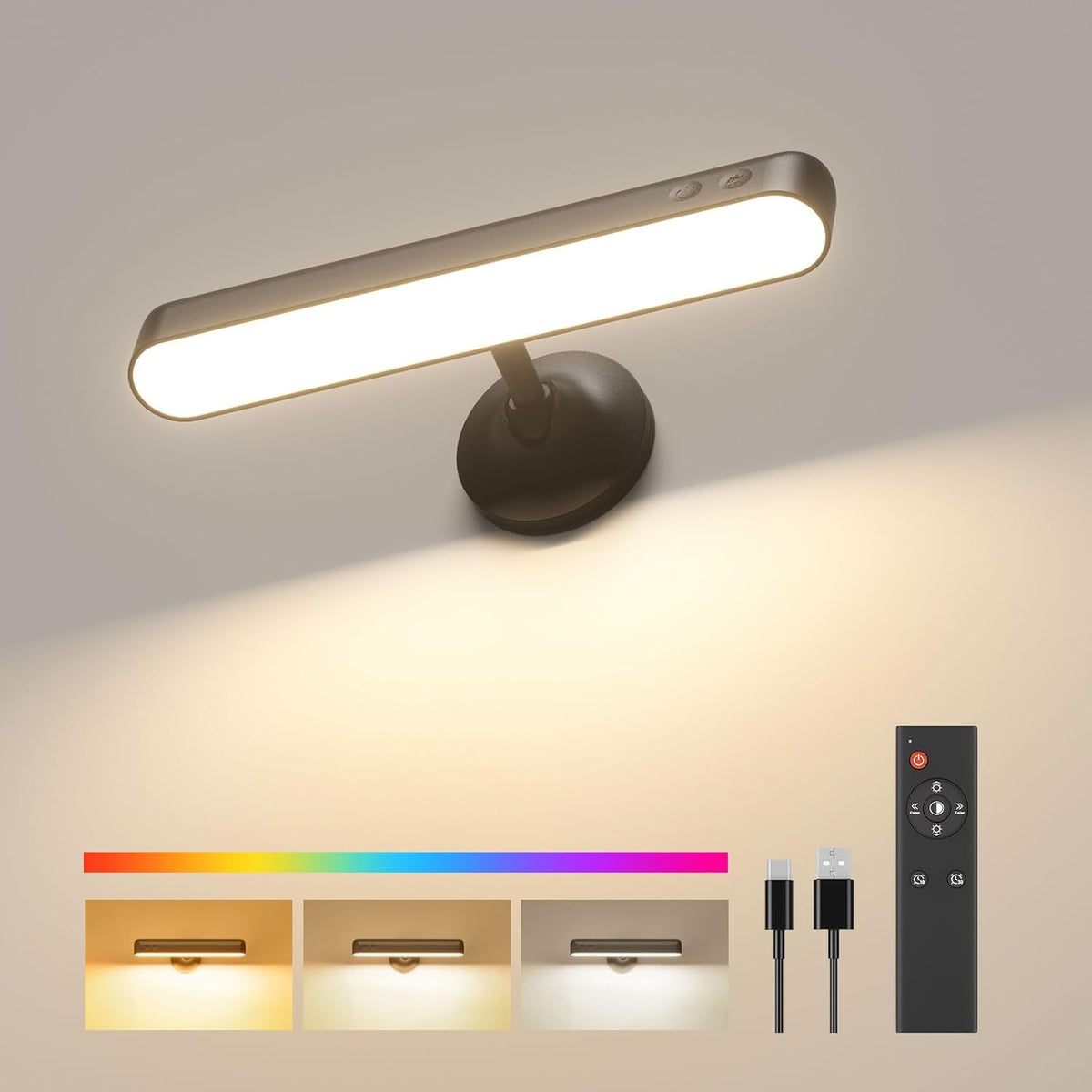 Popoiron Akku Wandleuchten 7500Mah, Wiederaufladbare Led-Wandleuchten Für Schlafzimmer Mit Touch- Und Fernbedienung, 3 Farben, Kabellose Wandlampe, 360° Drehbar, Dimmbare Mit 15 Rgb-Farben