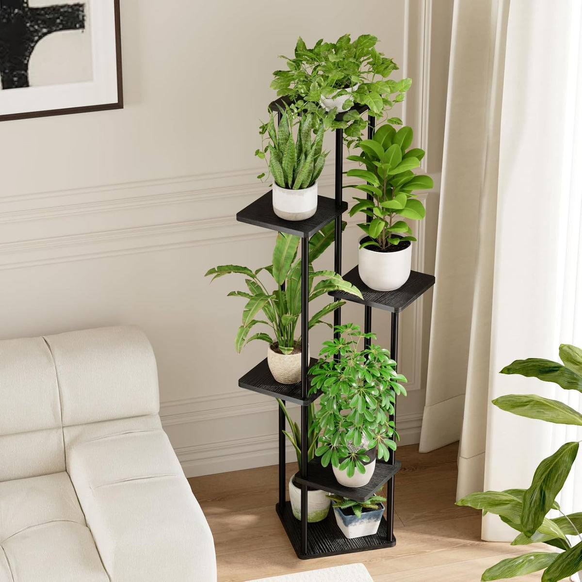 Bamworld Blumenständer Schwarz Hoch – Pflanzenständer Aus Metall Mit 6 Ebenen – Platzsparendes Pflanzenregal Für Wohnzimmer, Balkon Und Ecke – Blumenhocker & Deko Regal Für Innenbereich