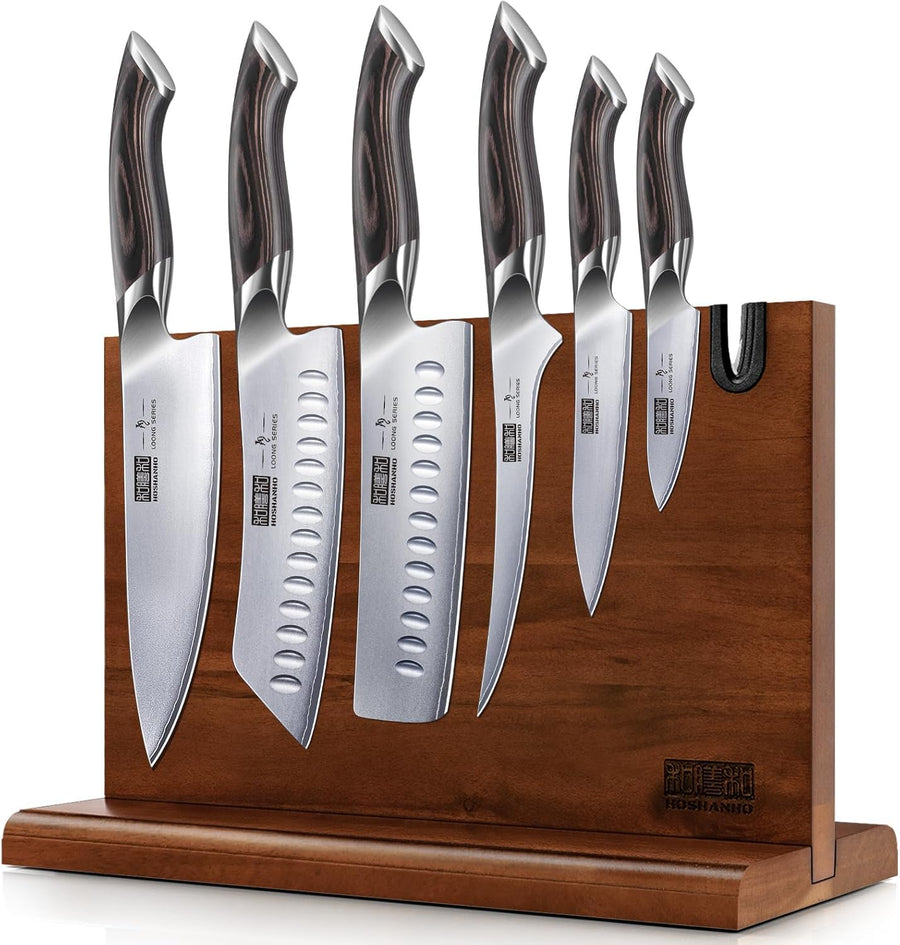 HOSHANHO Messerblockset 7-Teiliges, Professionelles Küchenmesser Set Aus Edelstahl Mit Hohem Kohlenstoffgehalt, Ultrascharfes Kochmesserset Mit Ergonomischen Griffen Aus Pakkaholz