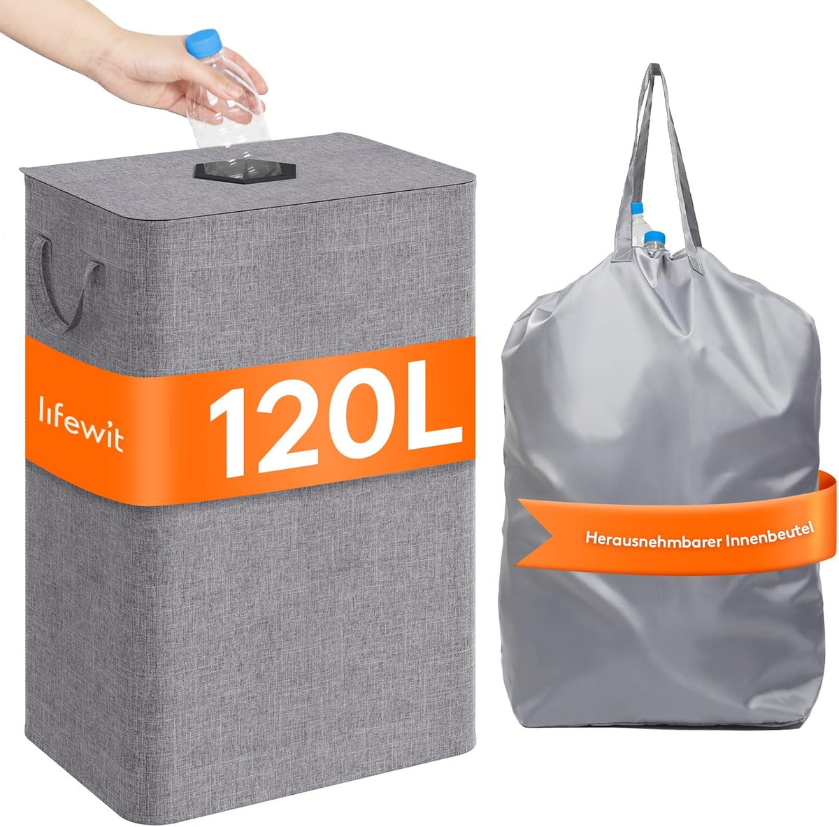 Lifewit 100L Pfandflaschen Sammelbehälter Mit Deckel, Groß Pfandflaschen Aufbewahrung, Behälter Leergut & Altglas Aufbewahrung, Flaschensammler Mit Loch Küche Abstellraum Flaschentasche, Dunkelgrau