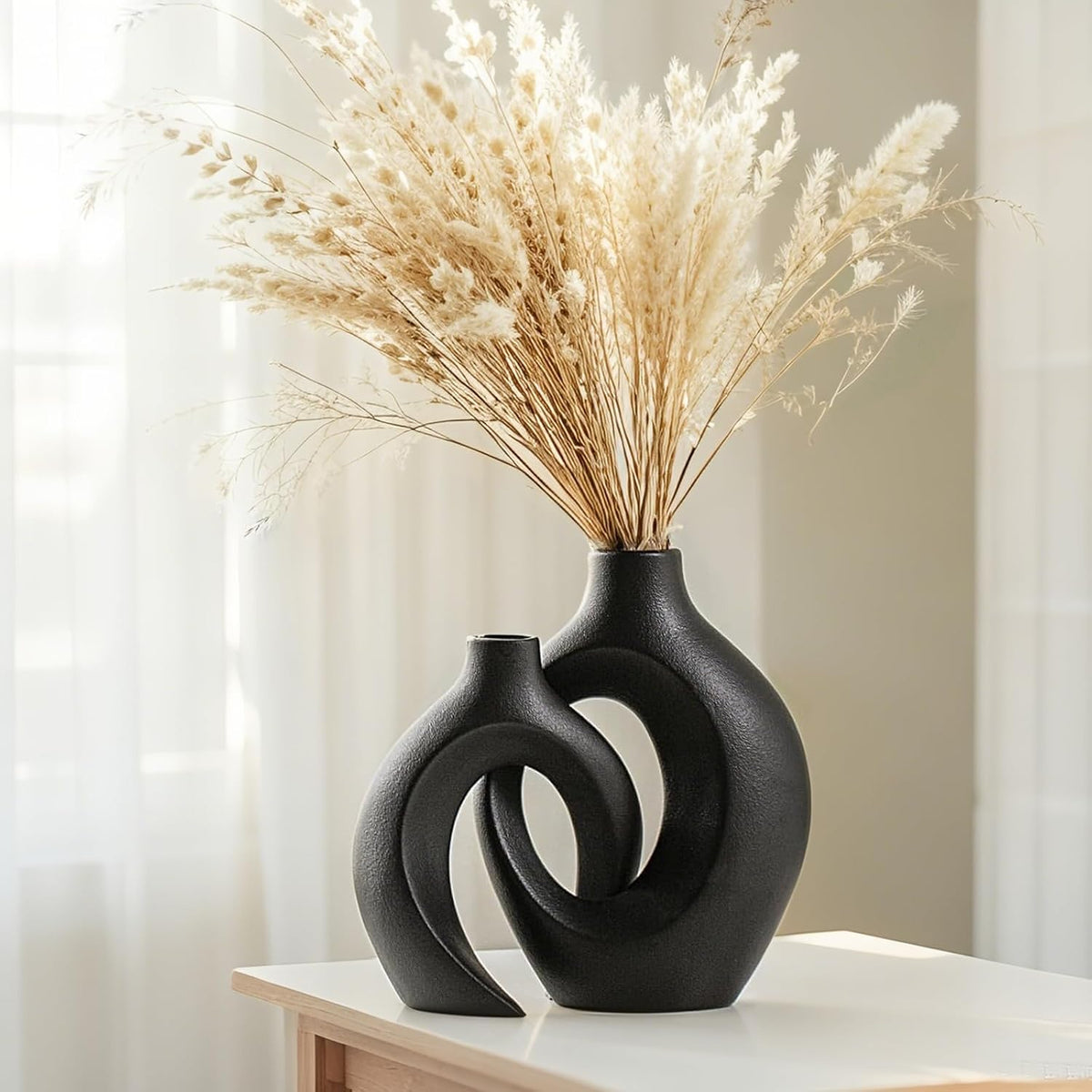 Keramik Vase, SUKIYPO 2Er Set Hohle Beige Moderne Vasen Für Nordisches, Vasen Deko, Ästhetische Boho Blumenvase Für Zuhause, Wohnzimmer, Büro, Bauernhaus, Couchtisch Dekoration