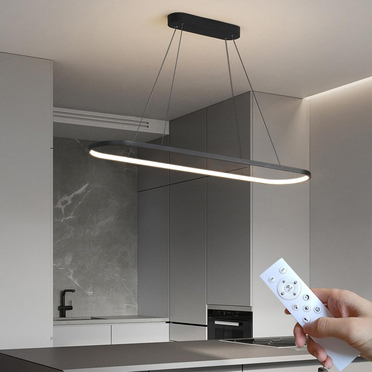 Pendelleuchte Esstisch Oval LED Lampe Dimmbare Hängelampe Mit Fernbedienung, Esstischlampe Hängend Kronleuchter Für Küche Büro Pendellampe Höhenverstellbar(Schwarz,90Cm/35.4″)