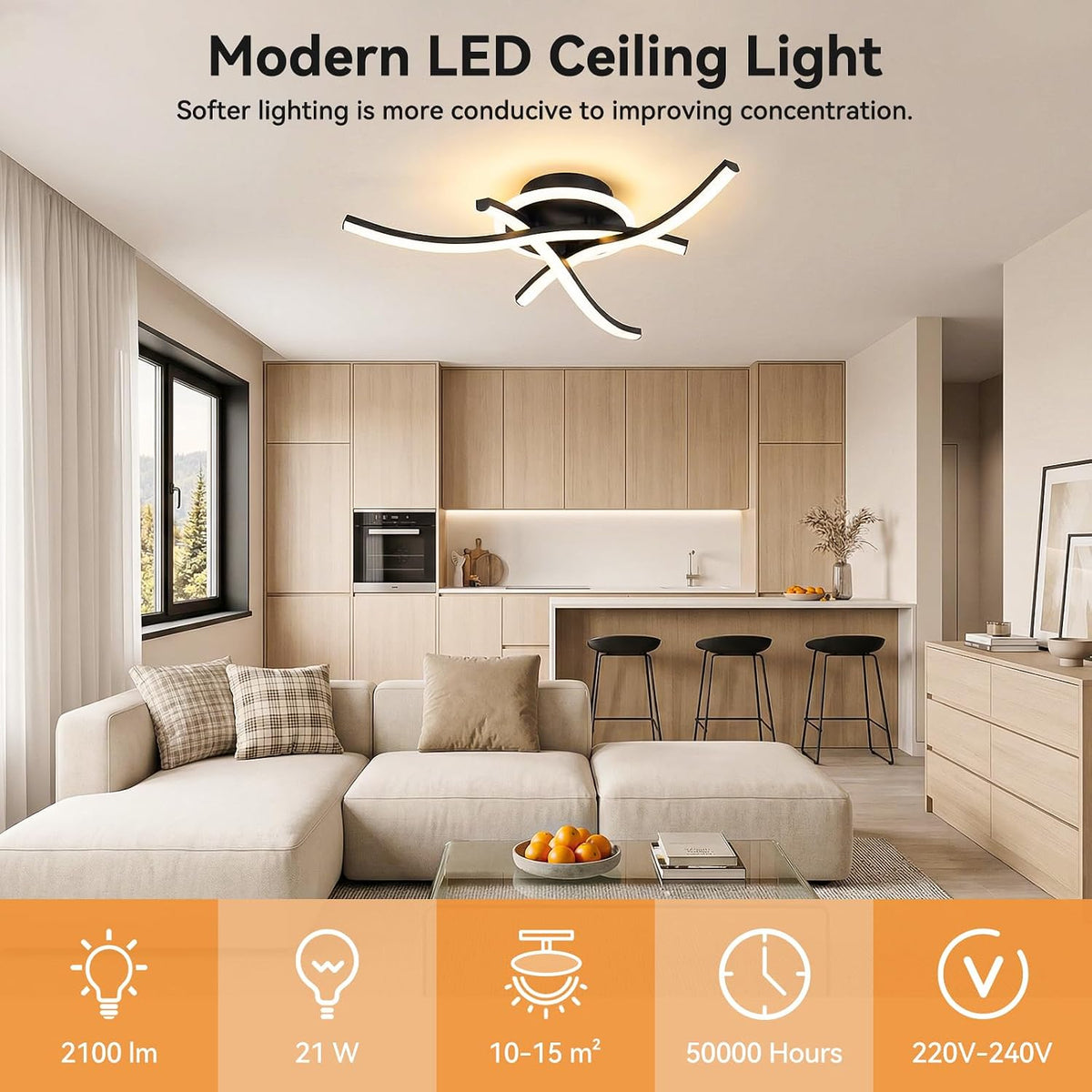 4760708 LED Deckenleuchte Moderne 21W, 3000K/4500K/6500K Deckenlampe LED 2100Lm CRI≥80, LED Lampe Für Wohnzimmer, Schlafzimmer, Büro, Küche Und Flur Mit Memory Funktion Schwarz