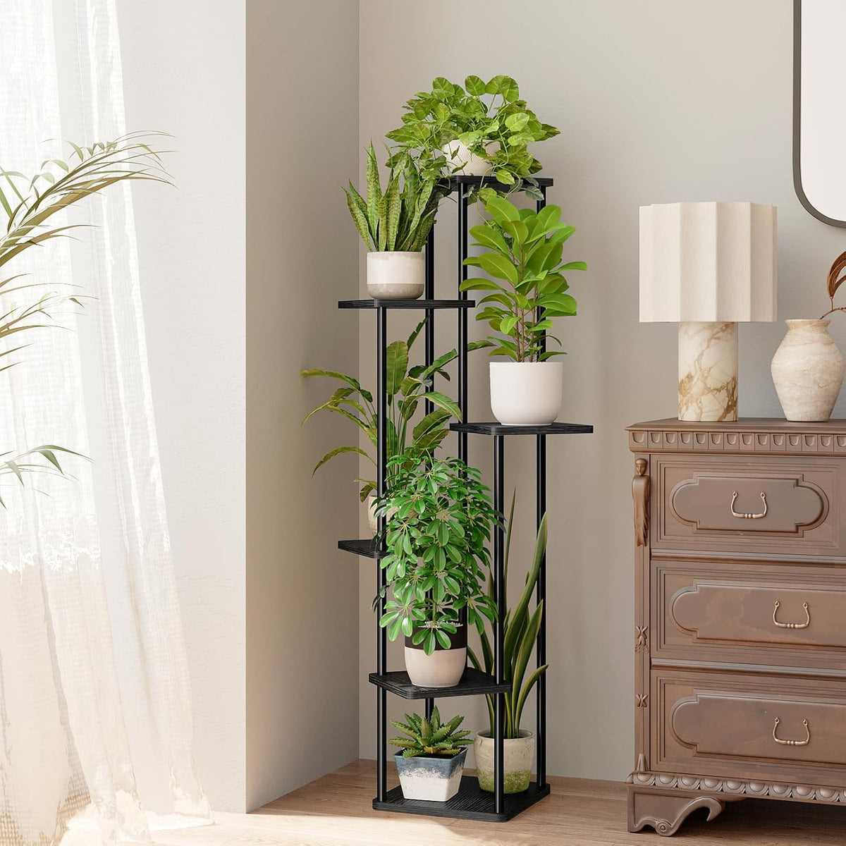 Bamworld Blumenständer Schwarz Hoch – Pflanzenständer Aus Metall Mit 6 Ebenen – Platzsparendes Pflanzenregal Für Wohnzimmer, Balkon Und Ecke – Blumenhocker & Deko Regal Für Innenbereich