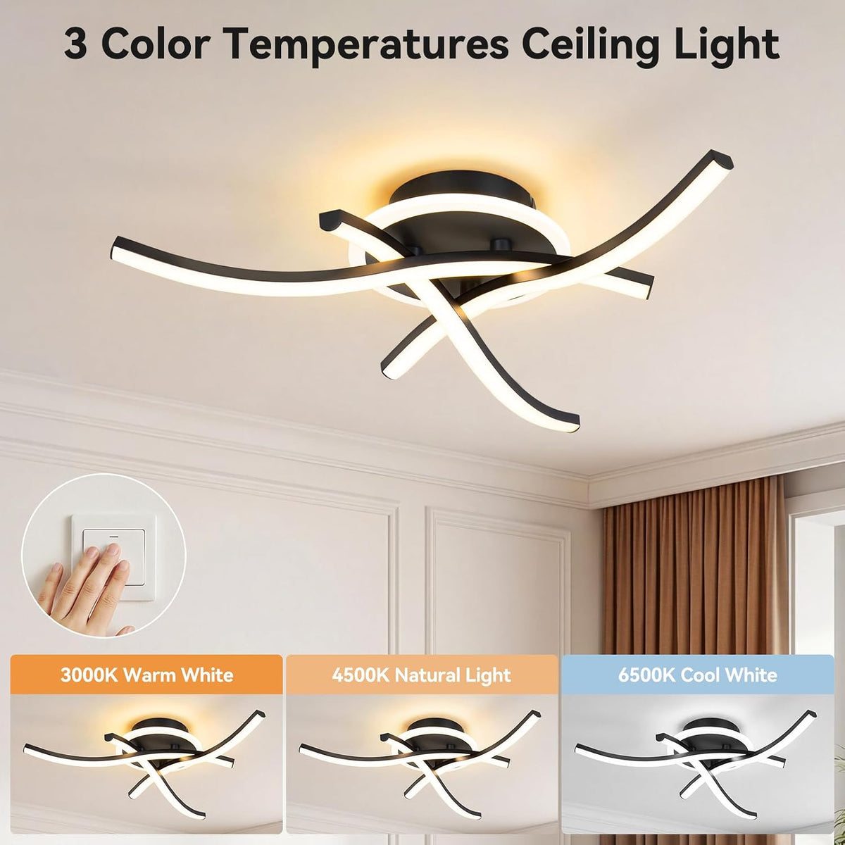 4760708 LED Deckenleuchte Moderne 21W, 3000K/4500K/6500K Deckenlampe LED 2100Lm CRI≥80, LED Lampe Für Wohnzimmer, Schlafzimmer, Büro, Küche Und Flur Mit Memory Funktion Schwarz