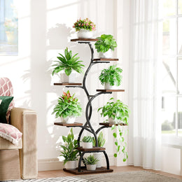 BACEKOLL Pflanzenständer Mit Wachstumslicht - 8 Ebenen Blumenständer 124Cm Metall Holz Pflanzenregal - Innen & Außen Blumentreppe - Dekoratives Schwarz Blumenregal Für Indoor Garten Balkon