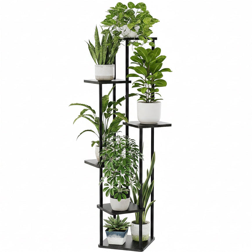 Bamworld Blumenständer Schwarz Hoch – Pflanzenständer Aus Metall Mit 6 Ebenen – Platzsparendes Pflanzenregal Für Wohnzimmer, Balkon Und Ecke – Blumenhocker & Deko Regal Für Innenbereich