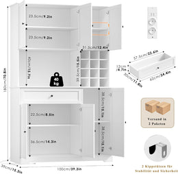 Firfurd Küchenschrank 180Cm Buffetschrank Mit LED Sideboard Für Küche Mit Steckdosenleiste Küchenschrank Mit Arbeitsplatte & Weinregal Für 12 Flaschen Küchenbuffet Küchenmöbel 180X100X39Cm Weiß