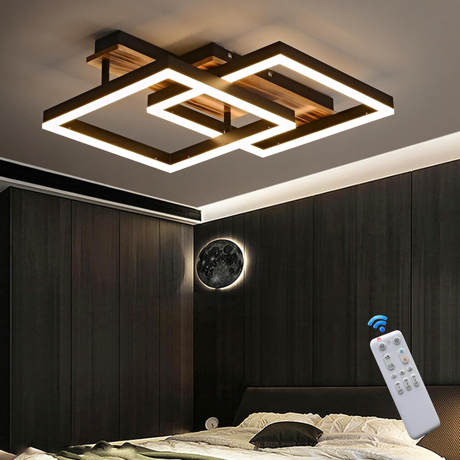 LED Deckenleuchte Holz Dimmbar, Massivholz Schwarz Rahmen Vintage Deckenlampe Mit Fernbedienung, 40W 47Cm 4000Lm 3000-6000K, Schlafzimmerlampe, Wohnzimmerlampe, Memory Funktion 4W Nachtlicht