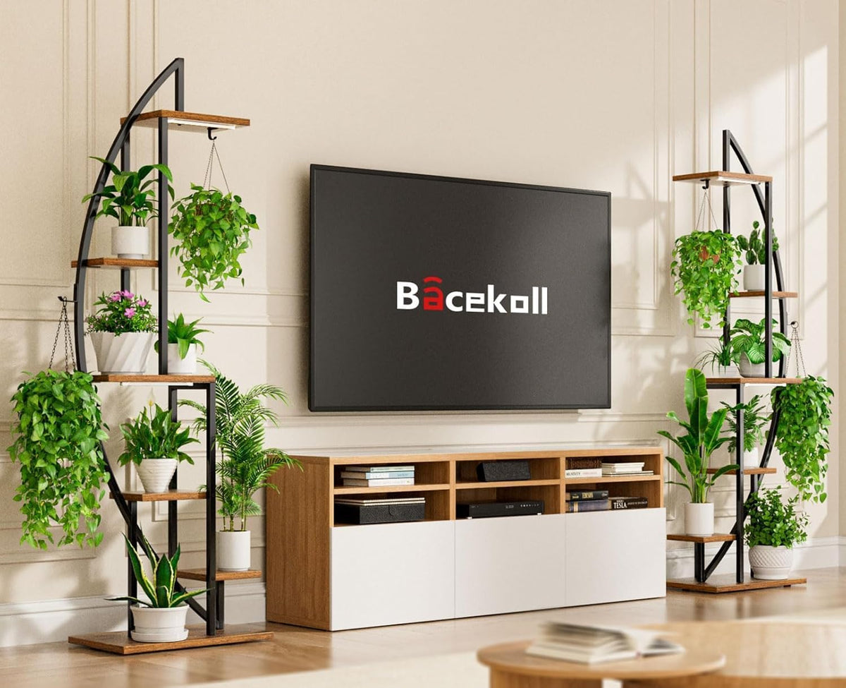 BACEKOLL 6 Ebenen Blumenständer Mit Wachstumslichtern - Metall Holz Pflanzenregal - 160CM Innen Blumentreppe - Dekoratives Schwarz Blumenregal Für Innen Fensterbank Wohnzimmer 2 STÜCK