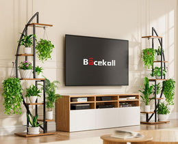 BACEKOLL 6 Ebenen Blumenständer Mit Wachstumslichtern - Metall Holz Pflanzenregal - 160CM Innen Blumentreppe - Dekoratives Schwarz Blumenregal Für Innen Fensterbank Wohnzimmer 2 STÜCK