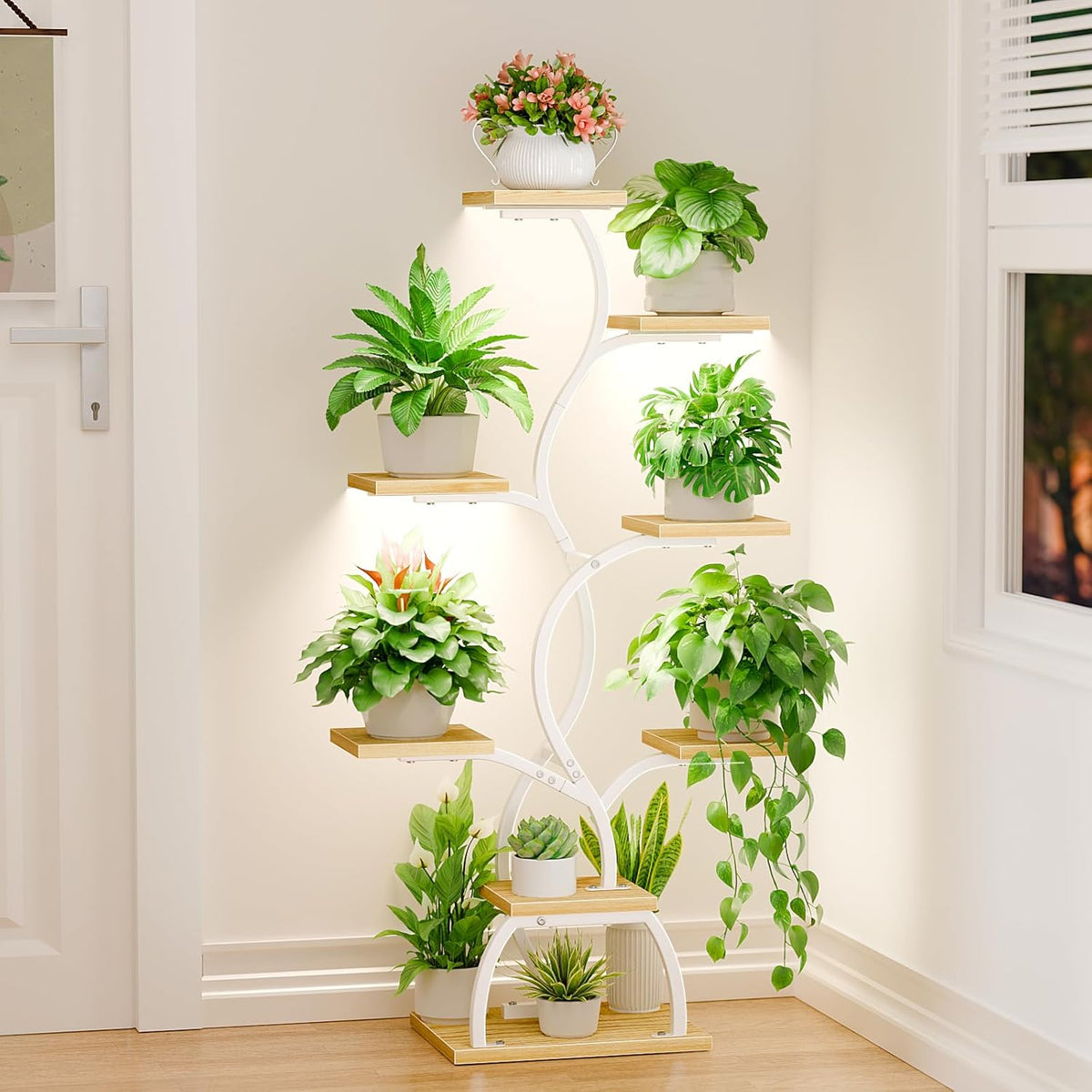 BACEKOLL Pflanzenständer Mit Wachstumslicht - 8 Ebenen Blumenständer 124Cm Metall Holz Pflanzenregal - Innen & Außen Blumentreppe - Dekoratives Schwarz Blumenregal Für Indoor Garten Balkon