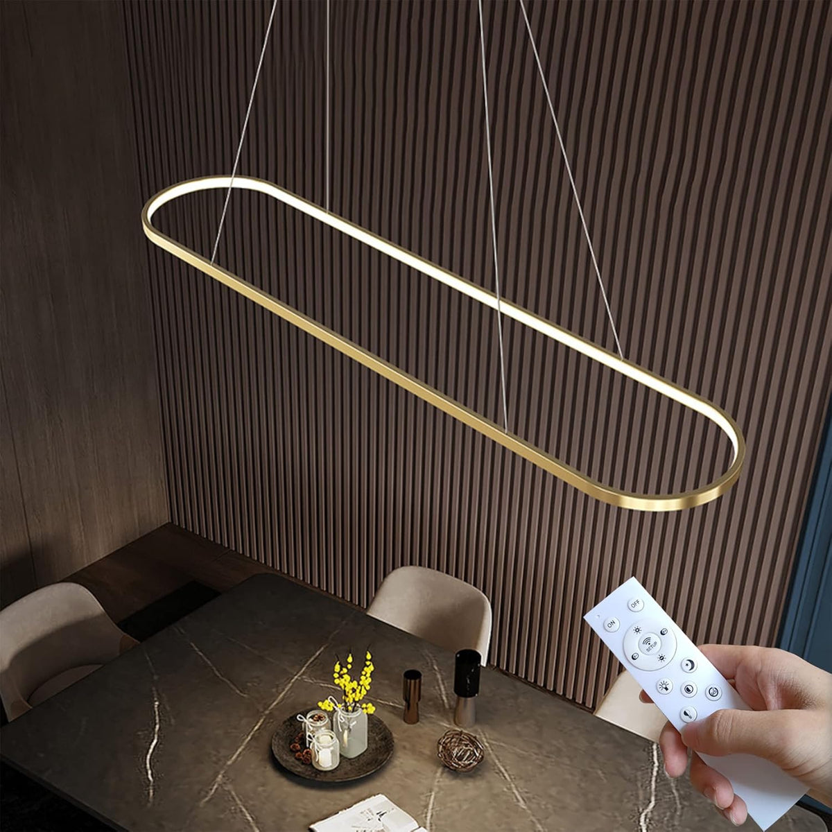 Pendelleuchte Esstisch Oval LED Lampe Dimmbare Hängelampe Mit Fernbedienung, Esstischlampe Hängend Kronleuchter Für Küche Büro Pendellampe Höhenverstellbar(Schwarz,90Cm/35.4″)