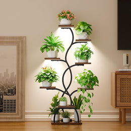 BACEKOLL Pflanzenständer Mit Wachstumslicht - 8 Ebenen Blumenständer 124Cm Metall Holz Pflanzenregal - Innen & Außen Blumentreppe - Dekoratives Schwarz Blumenregal Für Indoor Garten Balkon