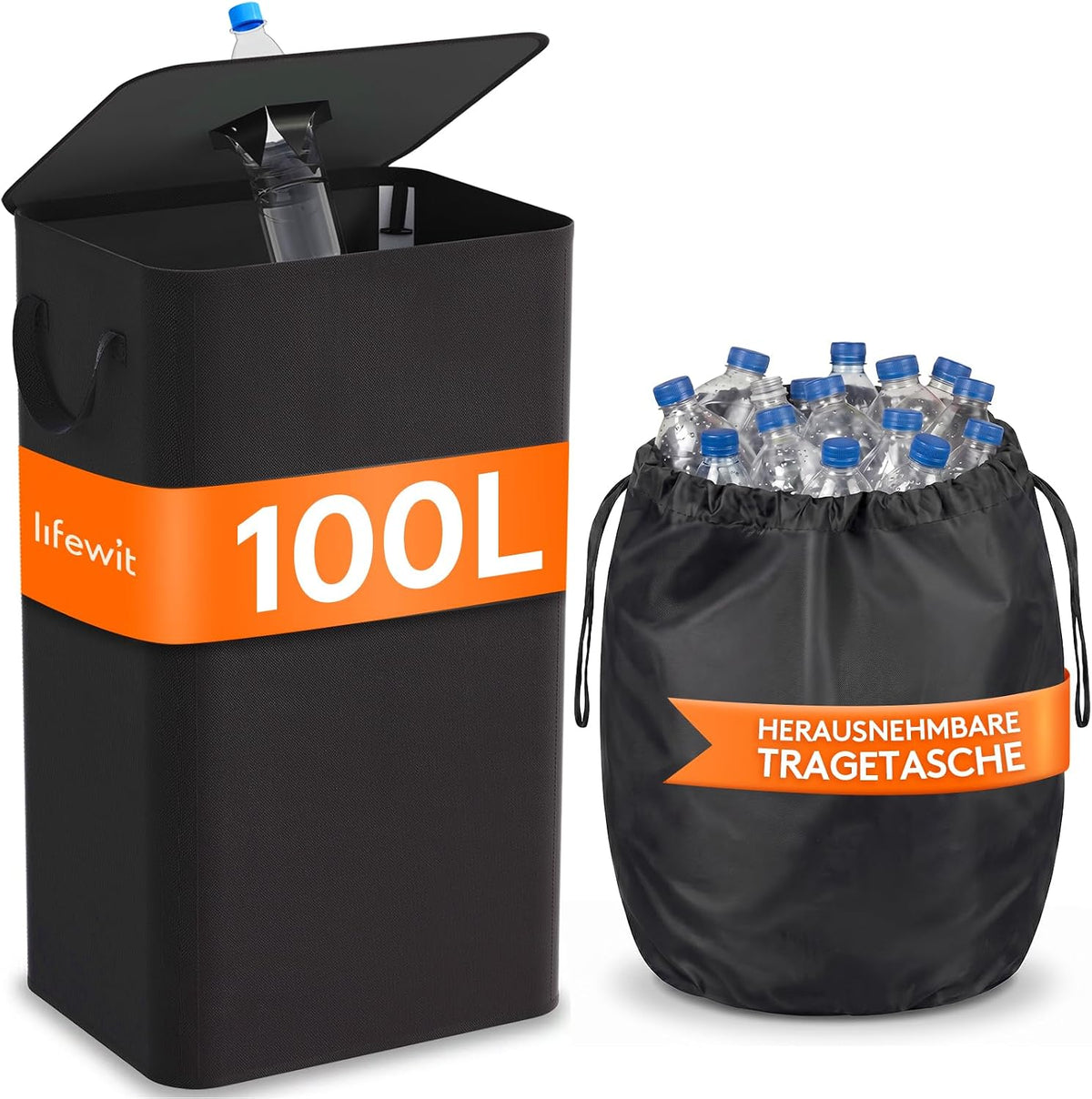 Lifewit 100L Pfandflaschen Sammelbehälter Mit Deckel, Groß Pfandflaschen Aufbewahrung, Behälter Leergut & Altglas Aufbewahrung, Flaschensammler Mit Loch Küche Abstellraum Flaschentasche, Dunkelgrau