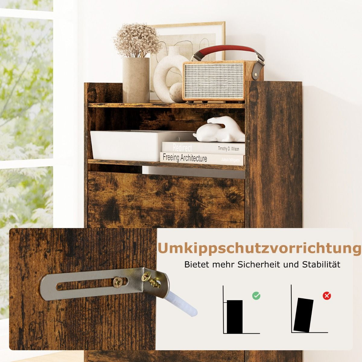 Schuhschrank Mit 2 Klappfächern Schlankes Verstecktes Holz-Schuhregal Weiß/Rustikale Holzoptik