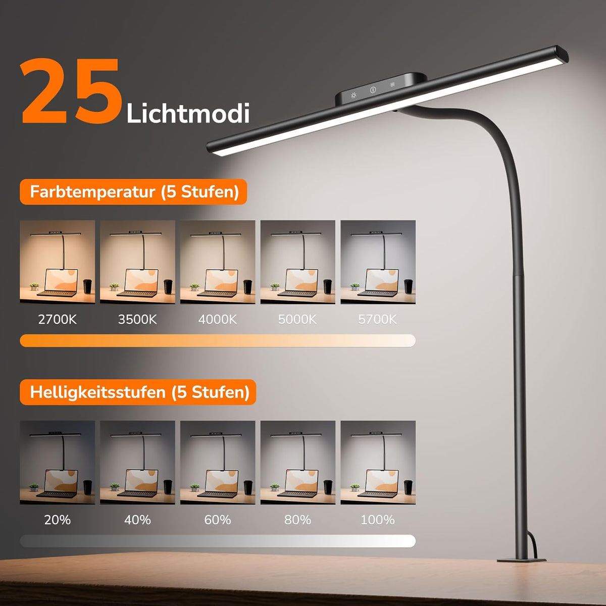Lepro 11W Schreibtischlampe LED Klemmbar, Augenschonende Und Dimmbar Schreibtisch Lampe, 5 Farbtemperaturen Und 5 Helligkeitsstufen, Mit Flexiblem Schwanenhals, Für Home Office & Büro, Schwarz
