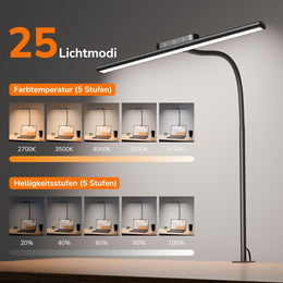 Lepro 11W Schreibtischlampe LED Klemmbar, Augenschonende Und Dimmbar Schreibtisch Lampe, 5 Farbtemperaturen Und 5 Helligkeitsstufen, Mit Flexiblem Schwanenhals, Für Home Office & Büro, Schwarz