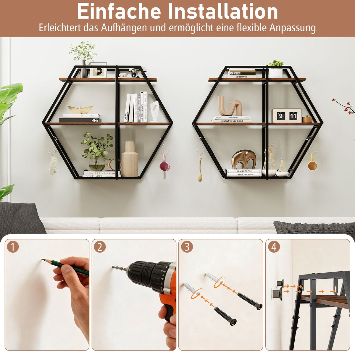 Industrielle Hexagon Wandregal 3-Stufiges Dekorative Schwebende Regal Mit Haken Rustikal