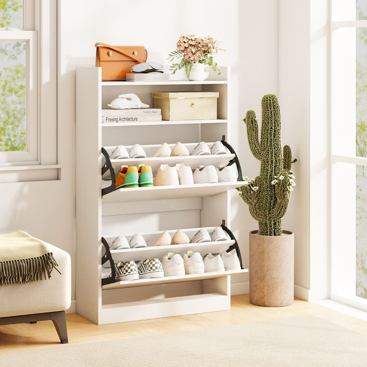 Schuhschrank Mit 2 Klappfächern Schlankes Verstecktes Holz-Schuhregal Weiß/Rustikale Holzoptik
