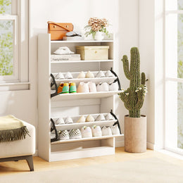 Schuhschrank Mit 2 Klappfächern Schlankes Verstecktes Holz-Schuhregal Weiß/Rustikale Holzoptik