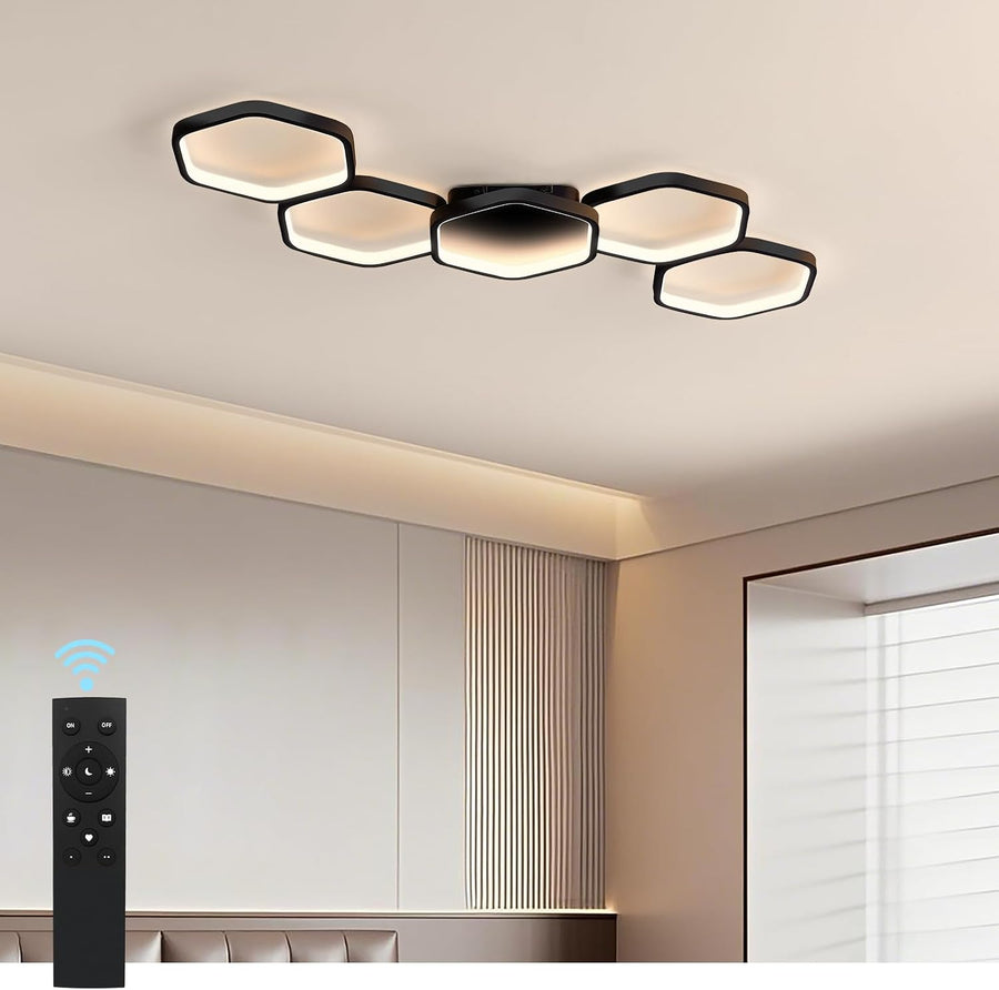 LED Deckenleuchte, Deckenlampe Dimmbar Mit Fernbedienung Farbwechsel, Wohnzimmerlampe Schlafzimmer Moderne Deckenbeleuchtung Kronleuchter Lampe, 90Cm, Schwarz