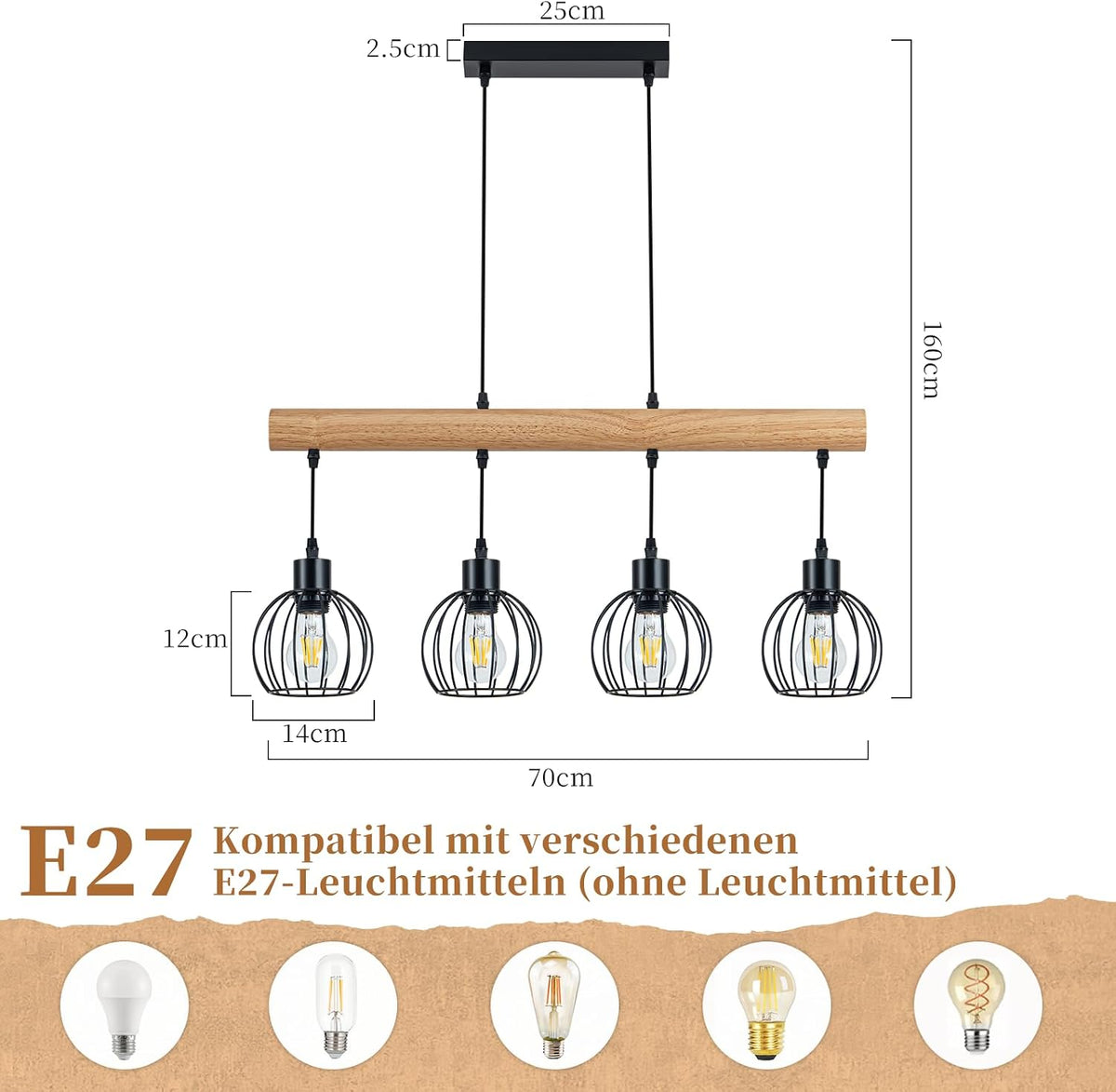 ZMH Vintage Hängelampe Holz 4 Flammig - Pendelleuchte Esstisch Im Industrial Design Schwarz Retro Hängeleuchte Esstischlampe Höhenverstellbar Für Esszimmer Küche Wohnzimmer Bar (Ohne Leuchtmittel)