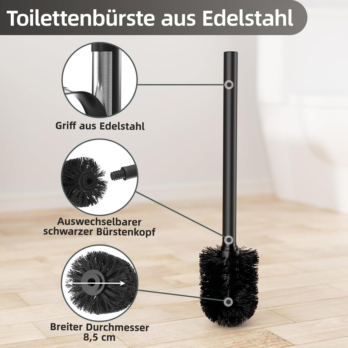 Edelstahl Klopapierhalter Stehend Mit Klobürste - Toilettenpapierhalter Mit WC Bürste, WC Garnitur Mit Toilettenpapierhalter Und Toilettenbürste, Klorollenhalter Stehend Mit Glasregal (Schwarz Matt)