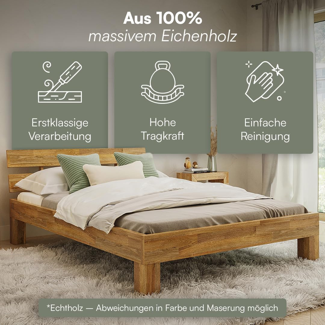 Floki Massivholzbett 140X200 Cm Aus Eiche - Hochwertiges Bettgestell - Bettrahmen Mit Bettkopf - Holzbett in Natur Geölt - Bett Geeignet Als Doppelbett - Futonbett Schlafzimmer