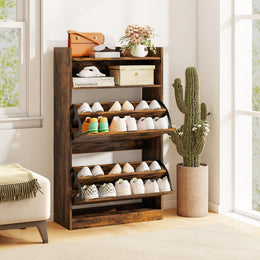 Schuhschrank Mit 2 Klappfächern Schlankes Verstecktes Holz-Schuhregal Weiß/Rustikale Holzoptik