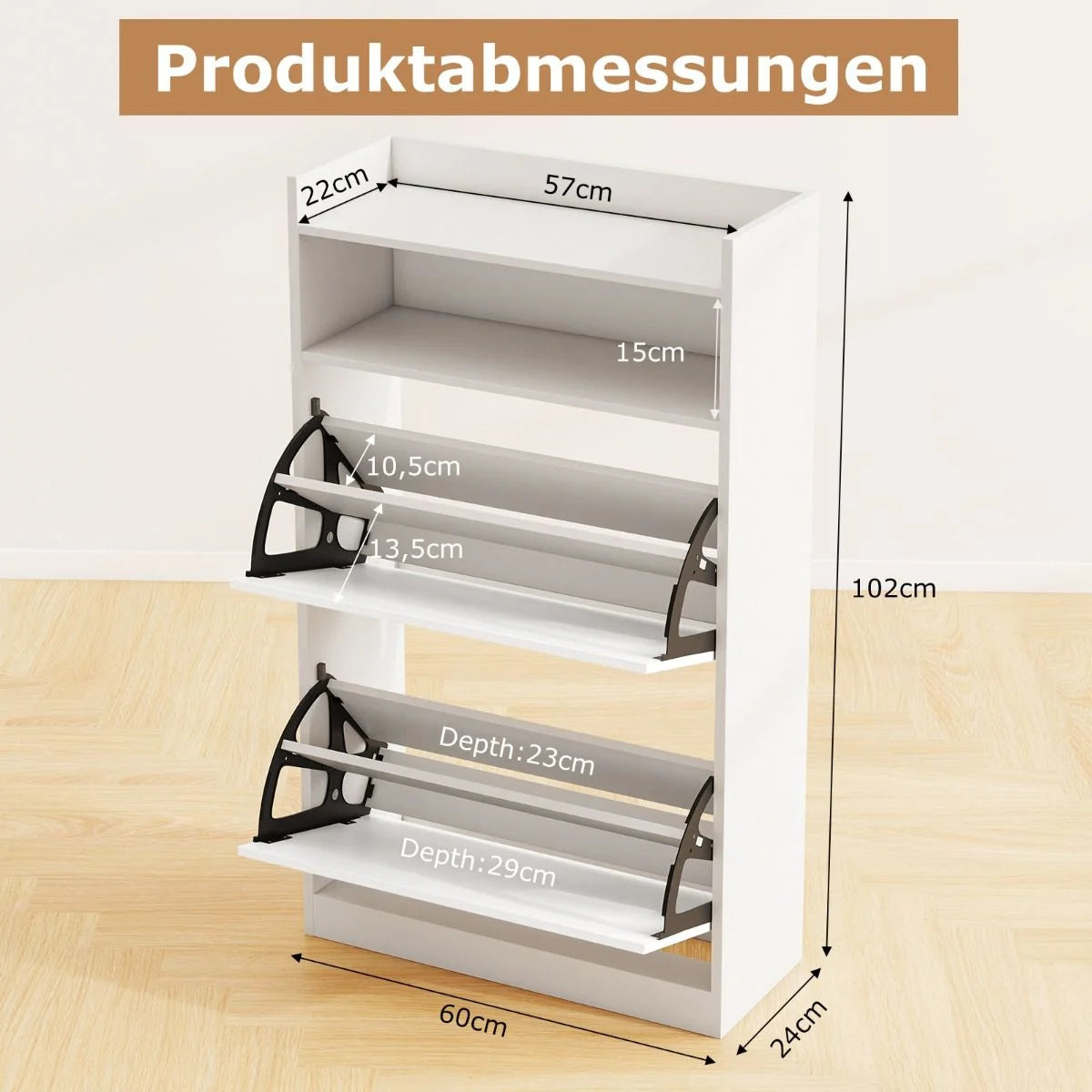 Schuhschrank Mit 2 Klappfächern Schlankes Verstecktes Holz-Schuhregal Weiß/Rustikale Holzoptik