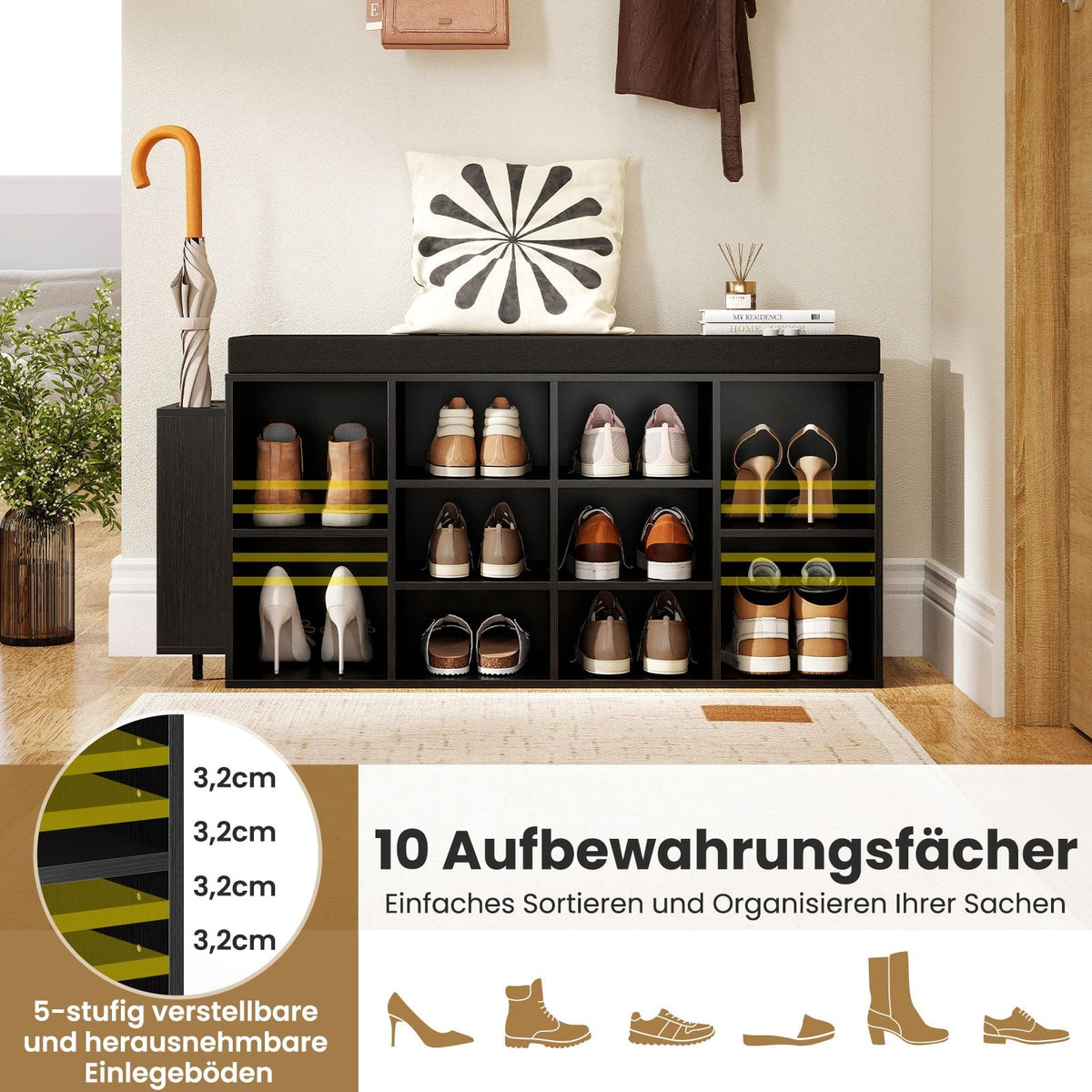 Schuhbank Mit Schirmhalter Mit Gepolsterter Sitzfläche & Abnehmbare Regalböden Schwarz