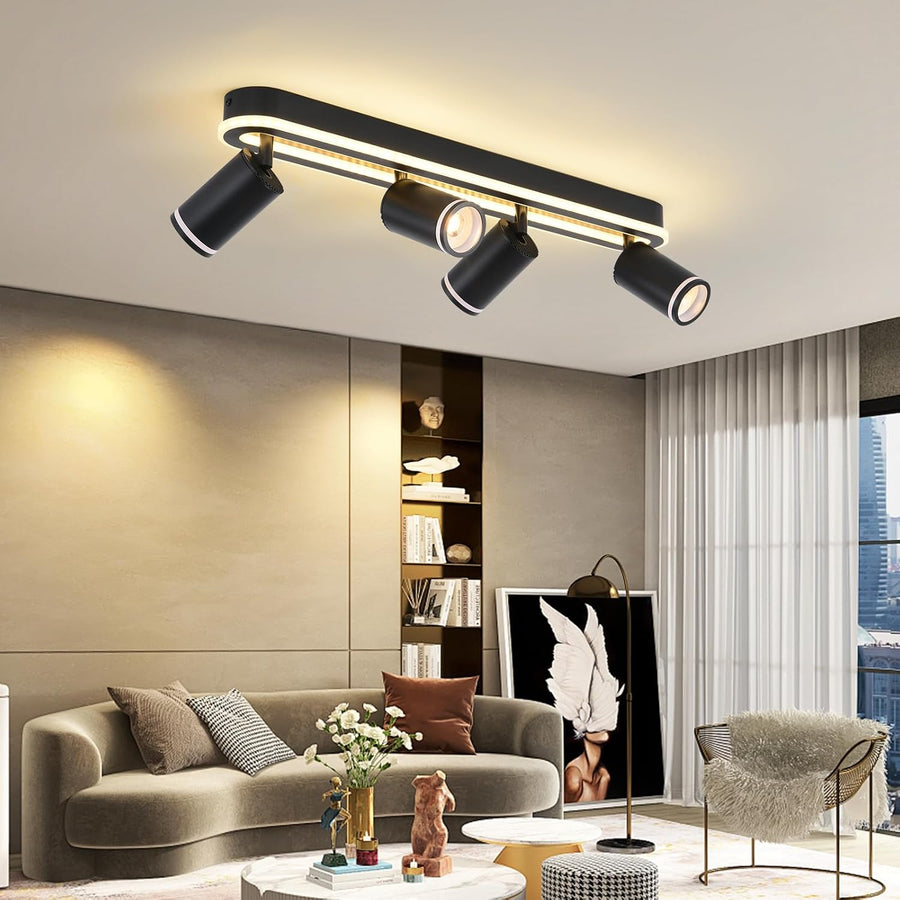 SANSHI Deckenleuchte 4 Flammig Led,Schwenkbar 350°Deckenstrahler,Deckenlampe Mit Unteres Glühen 36W+4X5W GU10 Spots,Modern Deckenspot Strahler 3000K Warmweiß,Spotlight Lampe Für Wohnzimmer,Schwarz