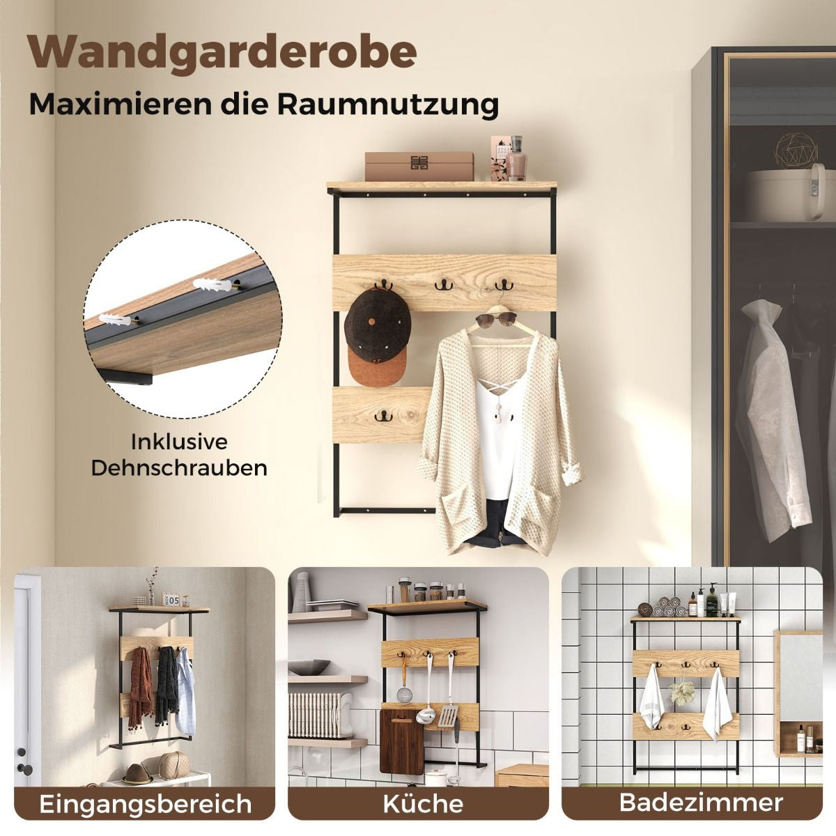 Wandgarderobe Mit Ablage & 6 Haken Wandregal Industrielle Garderobenleiste Kleiderstange