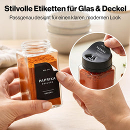 EDELHAUS Gewürzgläser Eckig Set Mit Schwarzem Verstellbarerem Deckel (12 X 200 Ml) Gewürzstreuer Mit Streueinsatz Und 160 Etiketten Schwarz - Hochwertige Gewürzbehälter, Gewürzdosen, Gewürze Organizer