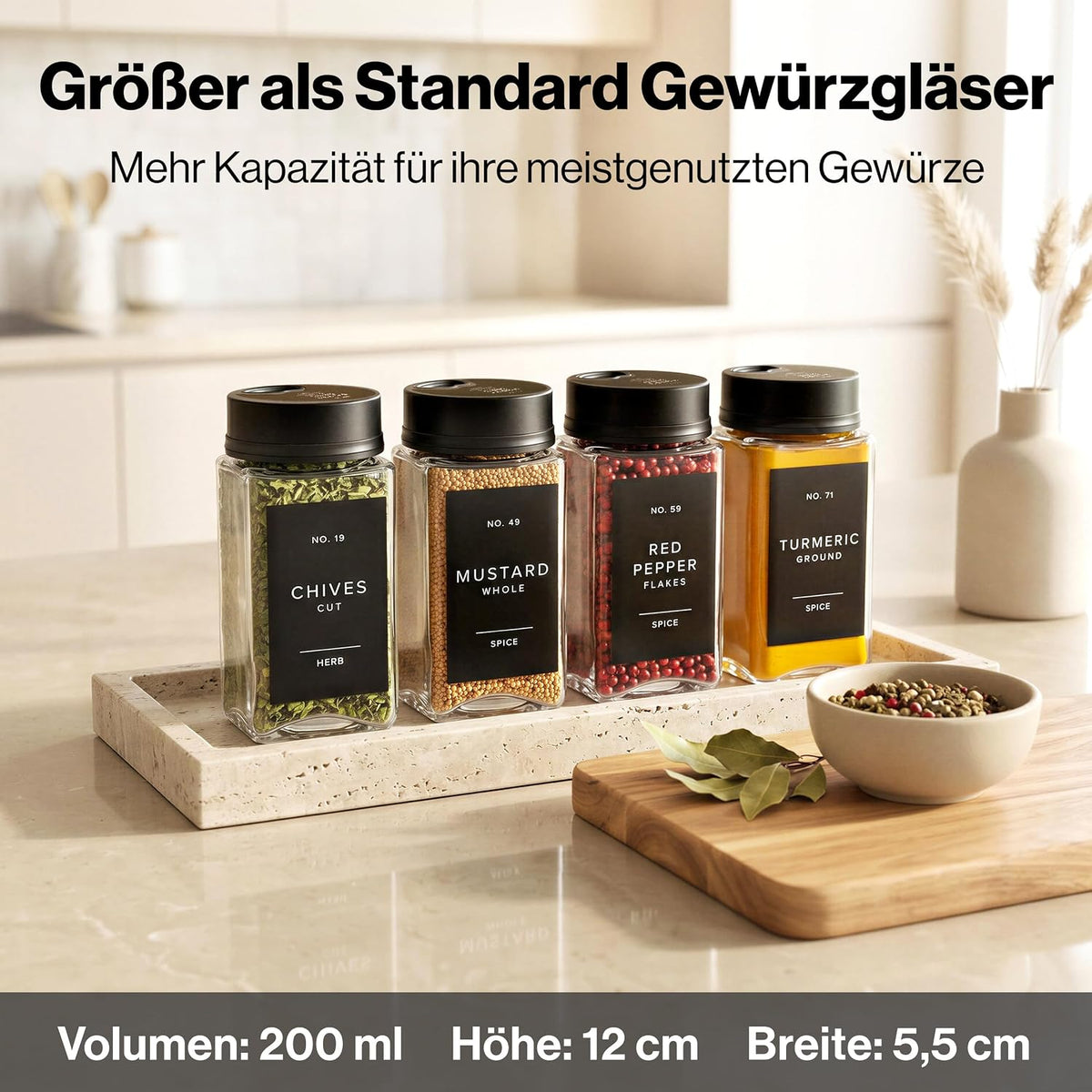 EDELHAUS Gewürzgläser Eckig Set Mit Schwarzem Verstellbarerem Deckel (12 X 200 Ml) Gewürzstreuer Mit Streueinsatz Und 160 Etiketten Schwarz - Hochwertige Gewürzbehälter, Gewürzdosen, Gewürze Organizer