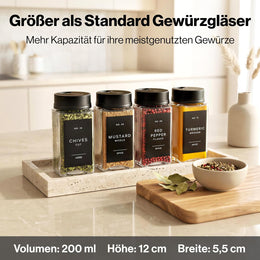 EDELHAUS Gewürzgläser Eckig Set Mit Schwarzem Verstellbarerem Deckel (12 X 200 Ml) Gewürzstreuer Mit Streueinsatz Und 160 Etiketten Schwarz - Hochwertige Gewürzbehälter, Gewürzdosen, Gewürze Organizer