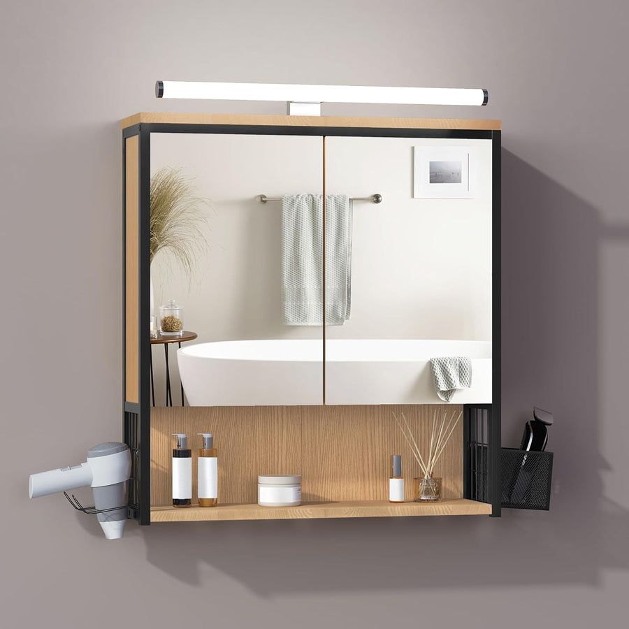 EUGAD Spiegelschrank Bad Mit Beleuchtung, Badezimmerschrank Mit Spiegel, Badschrank Hängend, Mit Verstellbarer Ablage Halter Korb, Aus Metall MDF, Schwarz + Helle Eiche